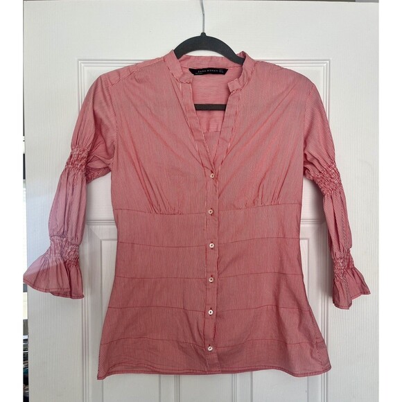 Zara Womens Size Medium Bell Sleeve Orange Stripe Button Down Shirt Blouse Top - Picture 1 of 5